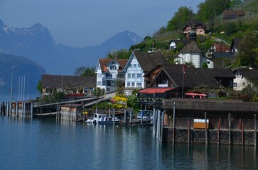 Poster - Drone view of a city full of similar houses in the background of a beautiful lake