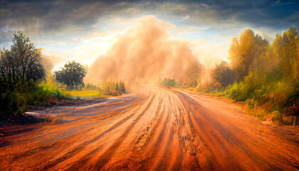 Dust sand cloud on a dusty road. Scattering trail on track from fast movement. Digital illustration