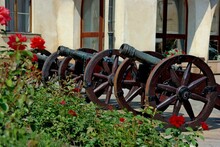 Collection Of Metal Field Cannons In The Background Of A Flower Garden