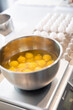 © Rachel Weill - Metal mixing bowl filled with eggs