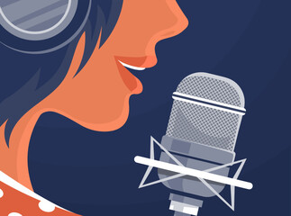 Young girl singer in a recording studio. Microphone and headphones. Face close up. Beautiful song and voice. Music album recording, artwork, radio podcast and live. Cartoon vector illustration