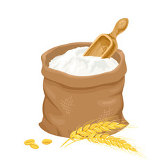 Sack with wheat flour and golden ears isolated on white. Vector cartoon illustration of food.