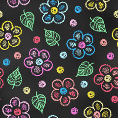 Wall Mural - Seamless Pattern of Chalk Drawn Sketches Flowers and Leaves on Chalkboard Backdrop. Stylized Grunge Endless Motif.