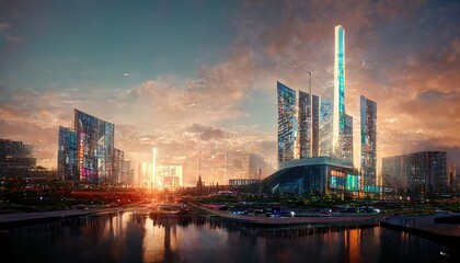 Beautiful cityscape with futuristic city at sunset. 3D, Raster illustration.