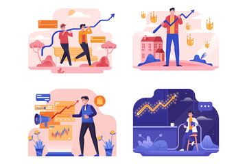 Different people planning strategy and marketing analysis to develop business towards target vector illustration set