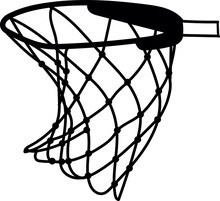 Hand Drawn Black Basketball Basket With Net, Basketball Goal, Basketball Hoop On White Background