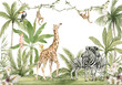 Watercolor composition with African animals and natural elements. Giraffe, monkeys, zebras, palm trees, flowers. Safari wild creatures. Jungle, tropical illustration for nursery wallpaper