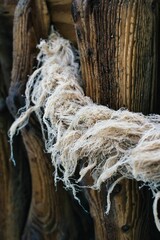 Vertical close-up shot of a shabby hairy rope tied to wooden surfaces