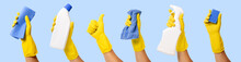 Hand With Yellow Rubber Glove Holding Cleaning Supplies On Blue Background. Banner