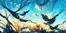 Nature Landscape With Birds Flying Free In The Sky 