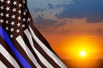 Wall Mural - American flag with police support symbol Thin blue line on sunset sky with birds. Police in society as the force which holds back chaos, allowing order and civilization to thrive. 3d-rendering.