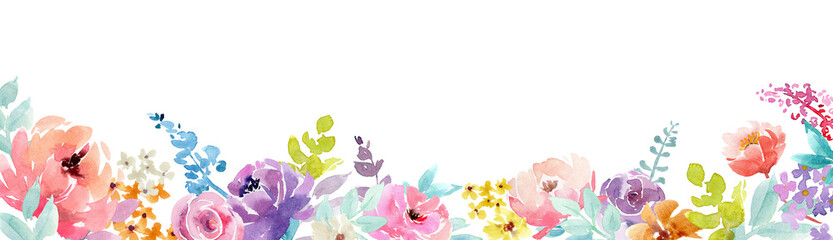 watercolor horizontal border with the bright rose flowers in boho style. watercolor frame of the flo