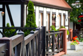 Details of half timbered old houses. Selective focus.