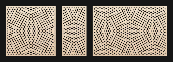 Sticker - Laser cut panel set. Vector template with abstract geometric pattern, wavy lines, distorted grid, mesh. Optical illusion effect. Decorative stencil for laser cutting. Aspect ratio 1:1, 1:2, 3:2