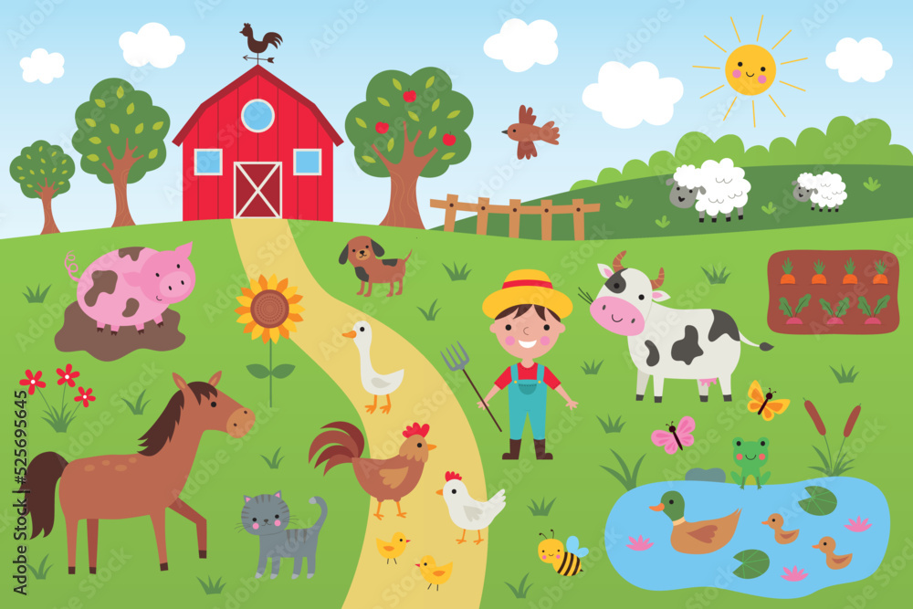 Farm scene with farmer and animals Stock Vector | Adobe Stock