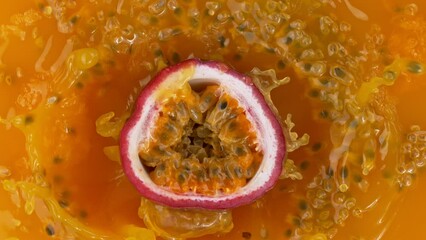 Poster - Fresh sliced passion fruit falling into juice, super slow motion filmed on high speed cinematic camera at 1000 fps.