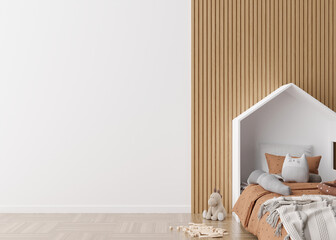 Kids room wallpaper presentation mock up. Empty white wall in modern child room. Copy space for your wallpaper design, wall stickers or other decoration. Interior in scandinavian style. 3D rendering.