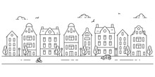 Simple Panorama Of European Town Landscape With Old Buildings. Coloring Page. Black And White Vector Illustration In Outline Flat Style