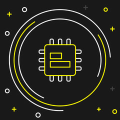 Poster - Line Computer processor with microcircuits CPU icon isolated on black background. Chip or cpu with circuit board. Micro processor. Colorful outline concept. Vector