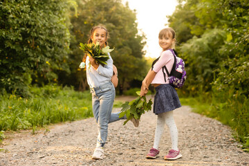 Wall Mural - Two girls are having fun in the park, autumn outfit. Funny girl friends throwing leaves in the city in autumn. Happy family on autumn walk. Geasture peace.