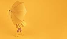 Girl With Rubber Boots For Rain And Umbrella Over Yellow Background