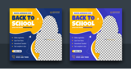 School admission promotional instagram banner or Back to School admission by social media Instagram, Facebook post kit, promotional discount banner template design. Editable Vector illustration.