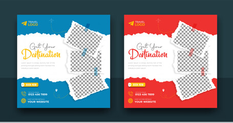 travel agency social media post template design of summer beach, tour travel holiday tourism marketi