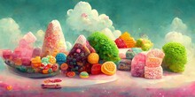 Fantasy Candy Landscape With Many Sweets Including Lollipops, Cake, Chocolate, Candy Cane, Cookies, Marmalade In A Cute Colorful Design