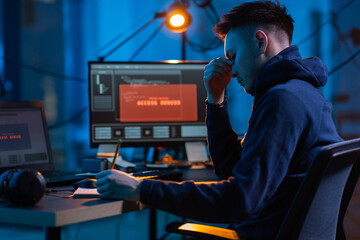 cybercrime, hacking and technology concept - male hacker in dark room writing to notebook and using 