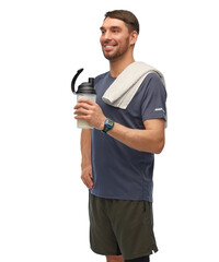 Canvas Print - fitness, sport and healthy lifestyle concept - smiling man in sports clothes with protein shake bottle and towel over white background