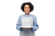 © Syda Productions - cooking, culinary and people concept - happy smiling woman in apron holding empty plate over white background