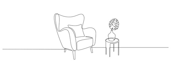 Aufkleber - One continuous line drawing of armchair and lamp and potted plant. Modern rustic furniture for living room interior in simple linear style. Editable stroke. Doodle Vector illustration