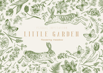 Frame with plants, rabbits and butterflies.