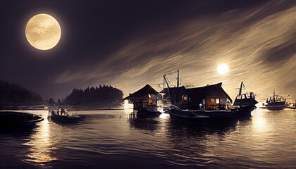 Full moon over floating fishing village at night