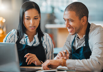 Waiter, laptop and cafe restaurant manager in small business meeting with employee for financial budget or inventory. Coffee shop, bakery worker planning or review marketing or advertising strategy