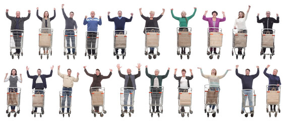 group of people with cart raised their hands up