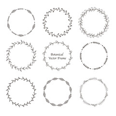 Botanical vector frame set. Black and white color. Simple branches circle frame design. Vintage floral wreaths with leaves , flower, herb, swirls, ornate.