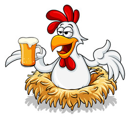 Wall Mural - Cartoon rooster holding beer glass