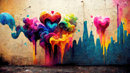Wall Mural - colorful hearts as graffiti love symbol on wall