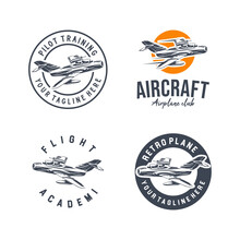 Collection Of Aircraft Academy Logo. Plane Pilot School And Training Logo Design Template
