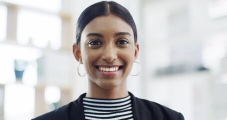 Wall Mural - Business woman working at startup company, showing smile in success in corporate and entrepreneur at advertising agency. Portrait of face of happy professional worker in workplace and confident