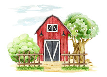 Red Barn Edged With Fence, Big Tree And Bush. Watercolor Illustration. Farm And Countryside Element. Red Wooden Vintage Style Barn In Countryside Landscape. White Background