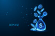 Concept of deposit, financial savings with money bag and flying coins in futuristic glowing style