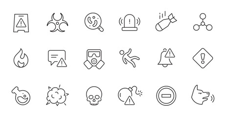 Wall Mural - danger biohazard line icon set. fire danger, toxic, chemical radiation sign. virus, bomb, gas mask a