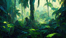 Jungle Nature Landscape Wallpaper. Exotic Forest Illustration With Lush Green Vegetation