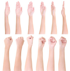 Multiple girl hand gestures isolated over the white background, set of multiple images