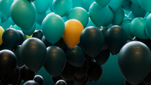 Modern Birthday Background, With Teal, Turquoise And Yellow Balloons. 3D Render.