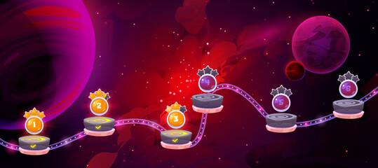 Wall Mural - space game level map with futuristic cosmos background, flying platforms with numbers of stages and 