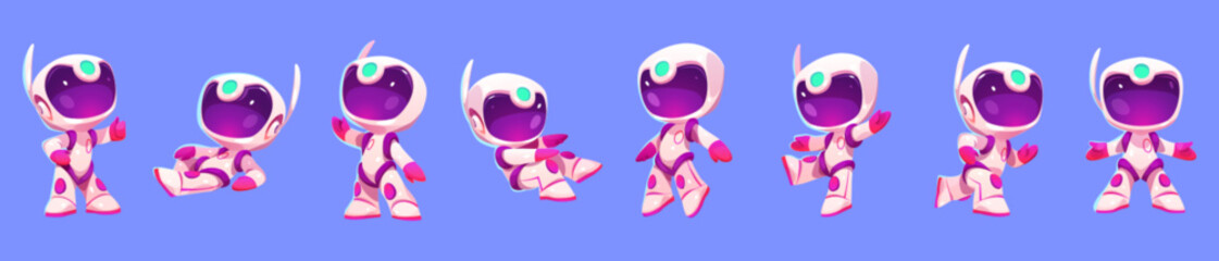 Wall Mural - cute little spaceman in suit and helmet in different poses. vector cartoon set of astronaut characte