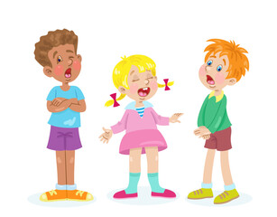 Poster - Children sing a song. Two funny boys and a cute girl stand together. In cartoon style. Isolated on white background. Vector flat illustration.